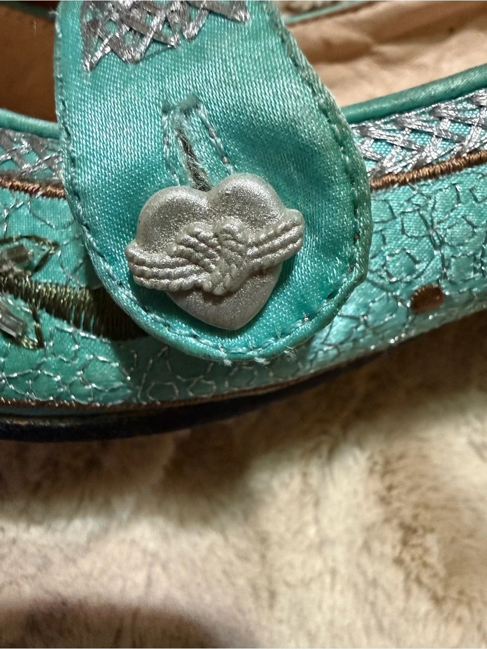 Two Lips Teal Embroidered Mary Jane Flats